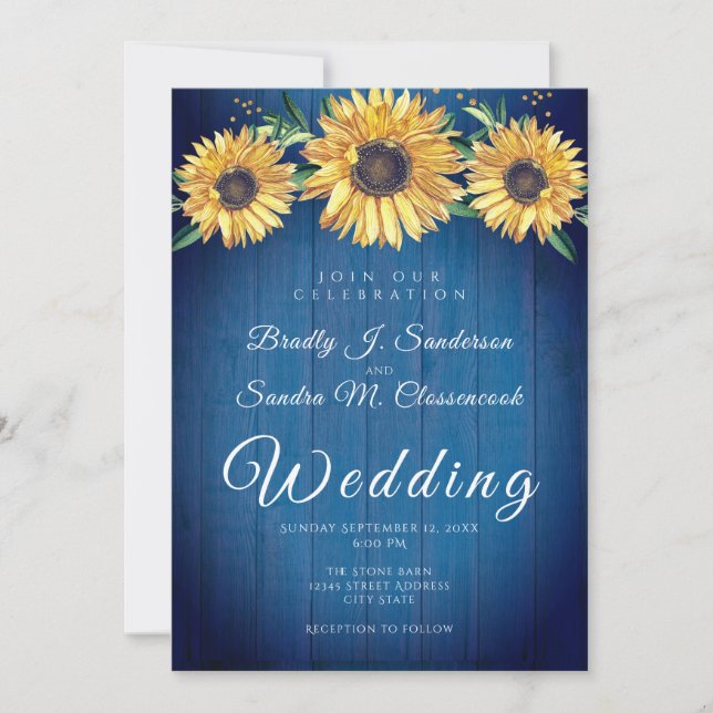  Rustic Chic Sunflower Navy Blue Wood Wedding   Invitation (Front)