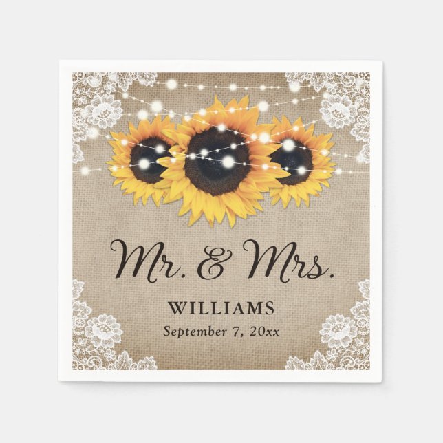 Rustic Chic Vintage Burlap Lace Sunflower Wedding Napkin (Front)