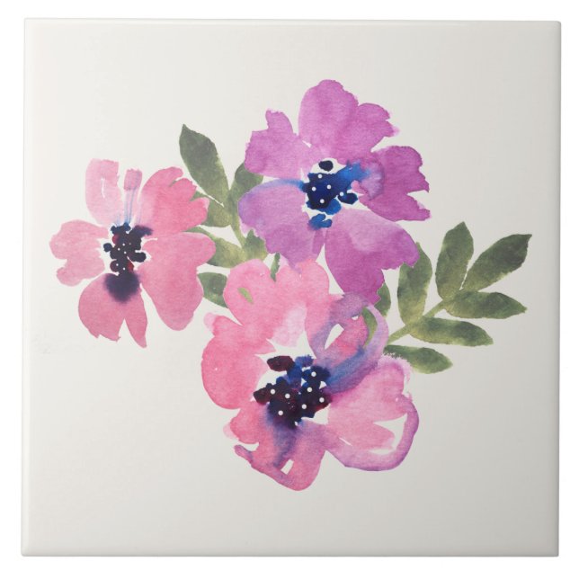 Rustic Chic Watercolor Floral Pink Cream Tile (Front)