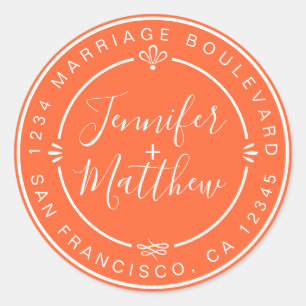 Rustic Chic Wedding Monogram Return Address Orange Classic Round Sticker