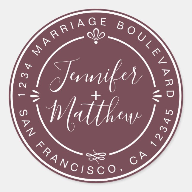 Rustic Chic Wedding Return Address Burgundy Classic Round Sticker (Front)