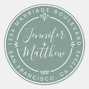 Rustic Chic Wedding Return Address Dusty Green Classic Round Sticker