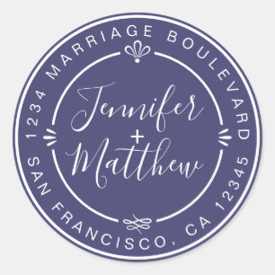 Rustic Chic Wedding Return Address Navy Blue Class Classic Round Sticker