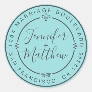 Rustic Chic Wedding Return Address Turquoise Classic Round Sticker