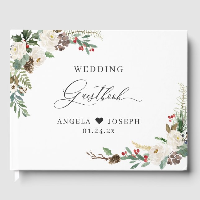 Rustic Chic Winter Floral Holly Berries Wedding Guest Book (Front)