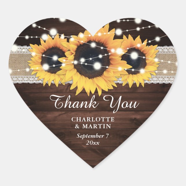 Rustic Chic Wood Burlap and Lace Sunflower Wedding Heart Sticker (Front)