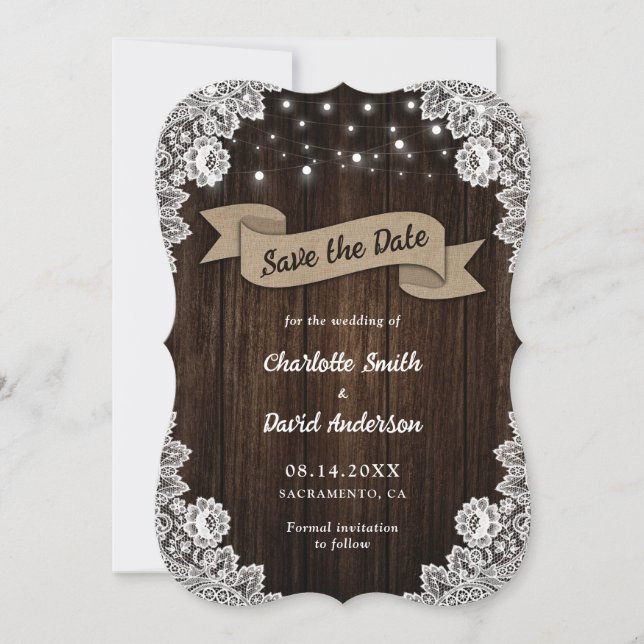 Rustic Chic Wood Burlap Lace Wedding Save The Date (Front)