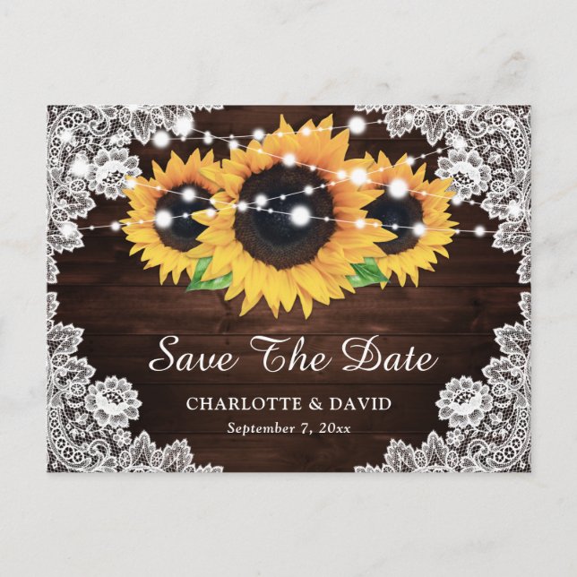 Rustic Chic Wood Lace Sunflower Save The Date Announcement Postcard (Front)
