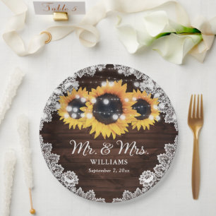 Rustic Chic Wood Lace Sunflower Wedding Paper Plate