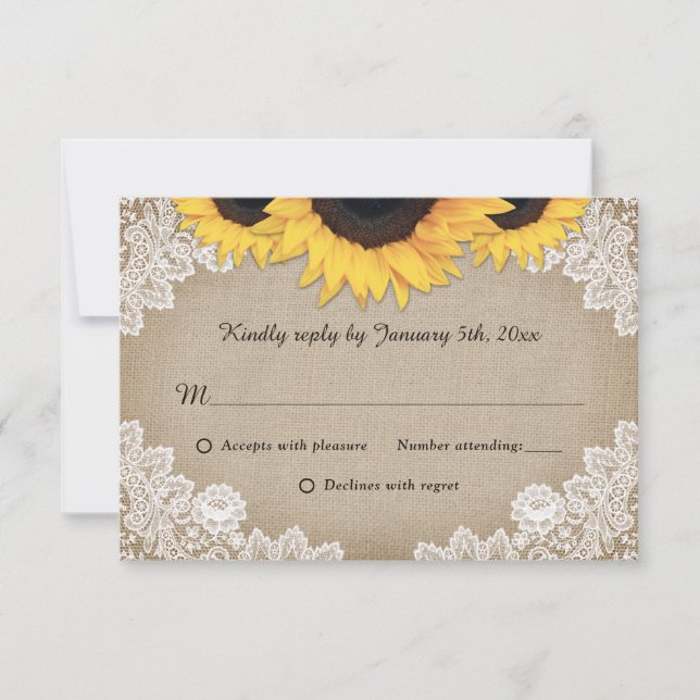 Rustic Chic Wood Lace Sunflower Wedding RSVP Card (Front)