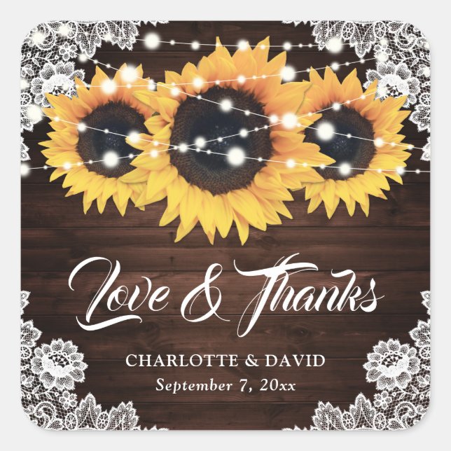 Rustic Chic Wood Lace Sunflower Wedding Thank You Square Sticker (Front)