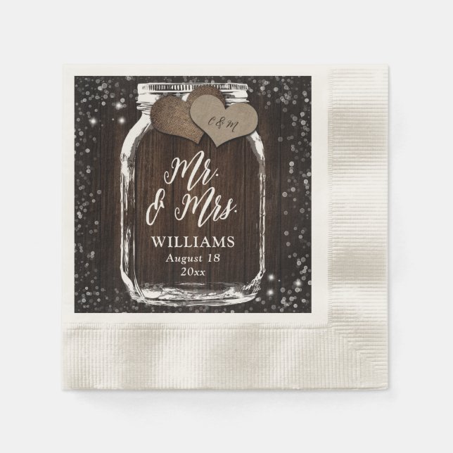 Rustic Chic Wood Mason Jar Mr. & Mrs. Wedding Napkin (Front)