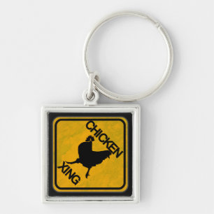 Rustic Chicken Crossing Sign Keychain