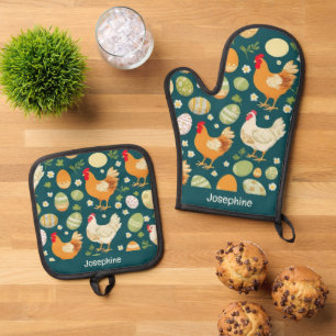 Rustic Chicken & Easter Eggs Kitchen Custom Name Oven Mitt & Pot Holder Set