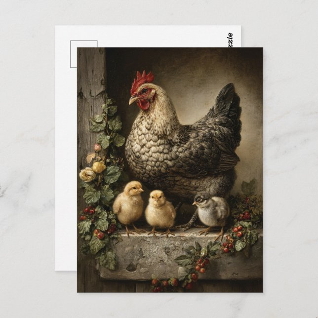 Rustic Chicken Hen with Chicks Postcard (Front/Back)