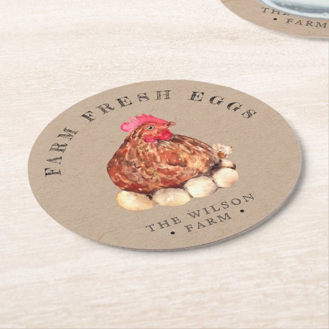 Rustic Chicken Kraft Round Paper Coaster (Angled)