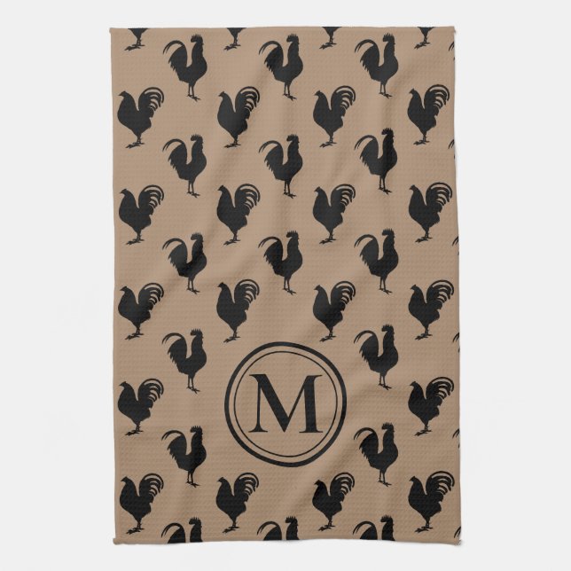 Rustic Chicken n' Rooster Farmhouse Monogram Kitchen Towel (Vertical)