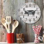 Rustic Chippy Planks Custom Family Name Farmhouse  Large Clock<br><div class="desc">Rustic Chippy Planks Custom Family Name Pig Large Farmhouse Style Clock features a white chippy wood background, with a country pig and is personalized with your name. Part of a collection. If you need assistance personalizing your clock, or if you are looking for coordinating items, please don't hesitate to contact...</div>