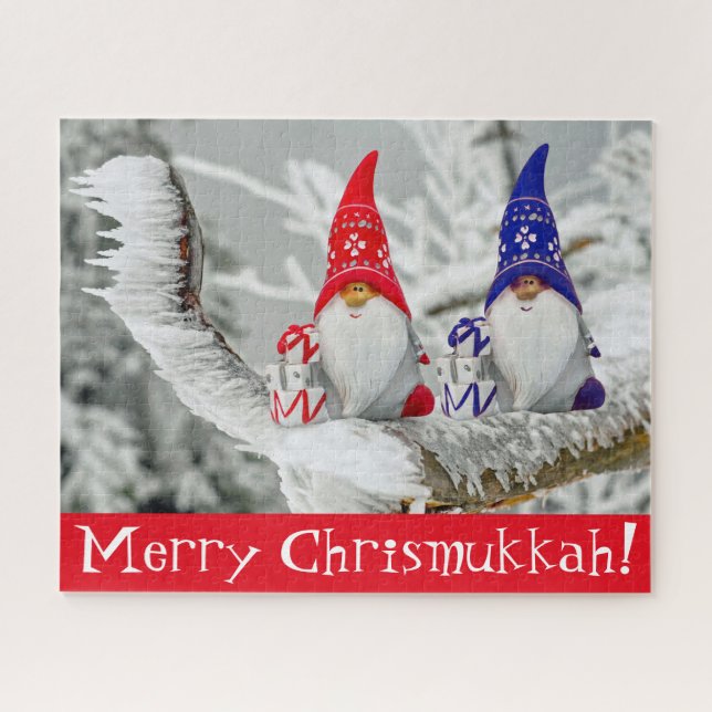 Rustic Chrismukkah Blue and Red Elves Gift Jigsaw Puzzle (Horizontal)