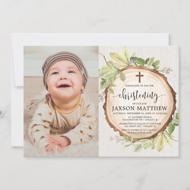 Rustic christening photo woodland fall foliage invitation (Front)