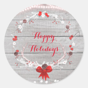 Rustic Christmas Antler White Wood Elegant Holiday Classic Round Sticker