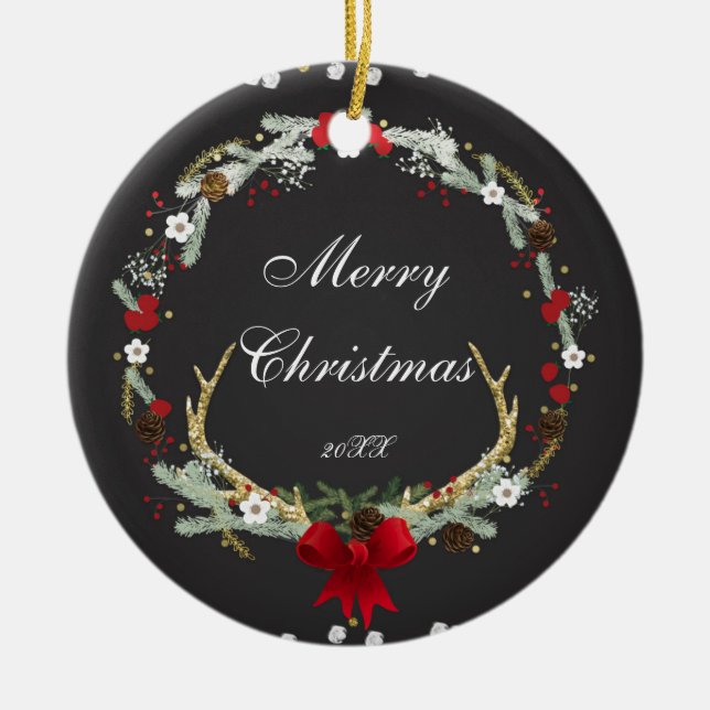 Rustic Christmas Antler Wreath Holiday Custom Ceramic Ornament (Front)