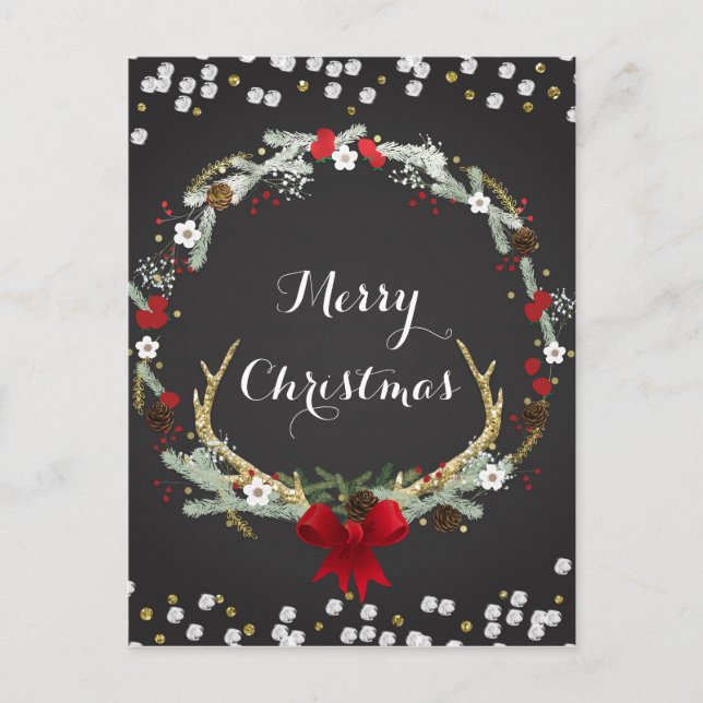 Rustic Christmas Antler Wreath Holiday Modern Postcard (Front)