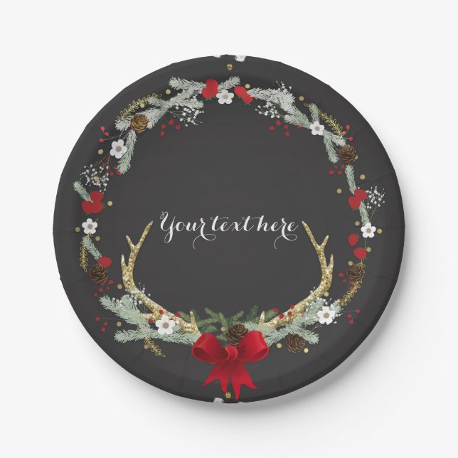 Rustic Christmas Antler Wreath Holiday Party Paper Plate (Front)