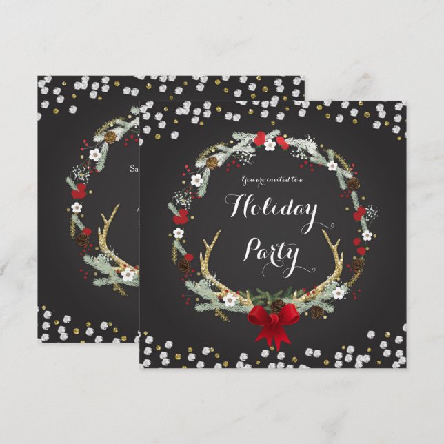 Rustic Christmas Antler Wreath Party Invitations (Front/Back)