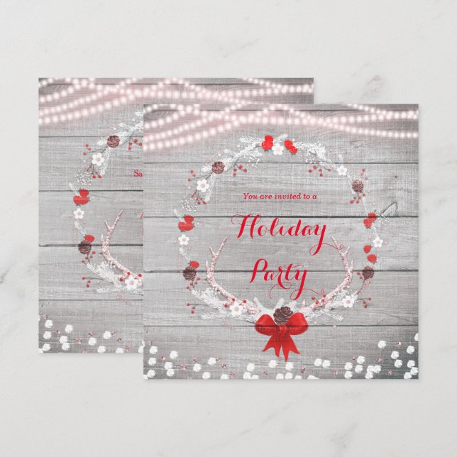Rustic Christmas Antler Wreath White Wood Invitation (Front/Back)