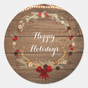 Rustic Christmas Antler Wreath Wood & Lights Classic Round Sticker