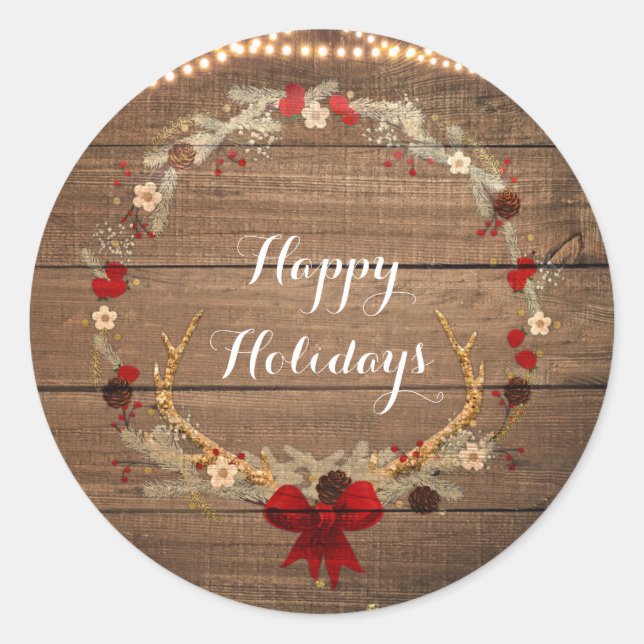 Rustic Christmas Antler Wreath Wood & Lights Favor Classic Round Sticker (Front)