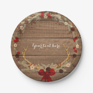 Rustic Christmas Antler Wreath Wood & Lights Paper Plate