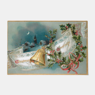 Rustic Christmas Banner w/Bell, Ribbon & Holly Doormat