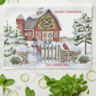 Rustic Christmas Barn Scene Snowman, Snow, Bird Kitchen Towel