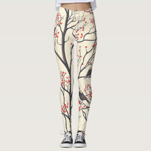 Rustic Christmas Birds Red Berry Cream Leggings