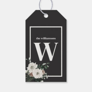Rustic Christmas Black & White Monogram Pine Gift Tags