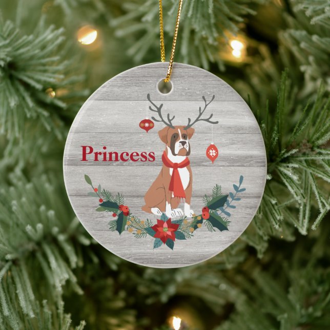 Rustic Christmas Boxer Dog with Antlers Greenery Ceramic Ornament (Tree)