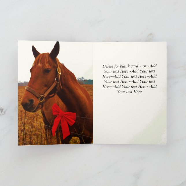 Rustic Christmas Brown Horse  Red Bow Holiday Card (Inside)