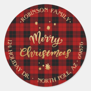 Rustic Christmas Buffalo Plaid Gold Return Address Classic Round Sticker