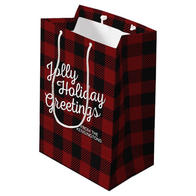 Rustic Christmas Buffalo Plaid Holiday Greetings Medium Gift Bag (Back Angled)