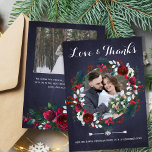 Rustic Christmas burgundy floral photo wedding Thank You Card<br><div class="desc">Winter rustic farmhouse wedding thank you photo card with white and red burgundy chic watercolor peony roses flowers and blooms wreath with seasonal pine hunter green fir branches and holly berries over a dark navy chalkboard background. Personalize it with 2 photos, with your signature and text on both sides! An...</div>