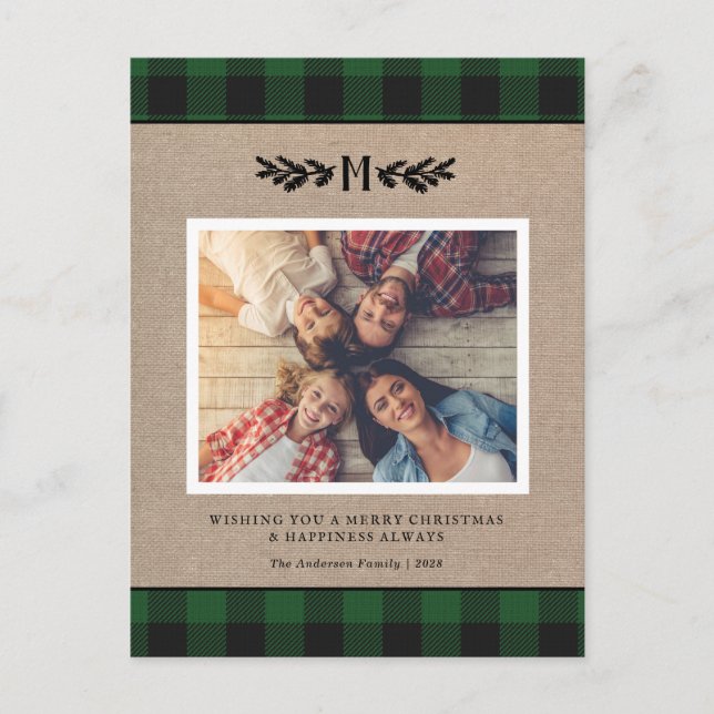 Rustic Christmas Burlap Monogram Photo Holiday  Postcard (Front)