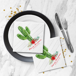 Rustic Christmas Cactus Wood Holiday Floral Napkin