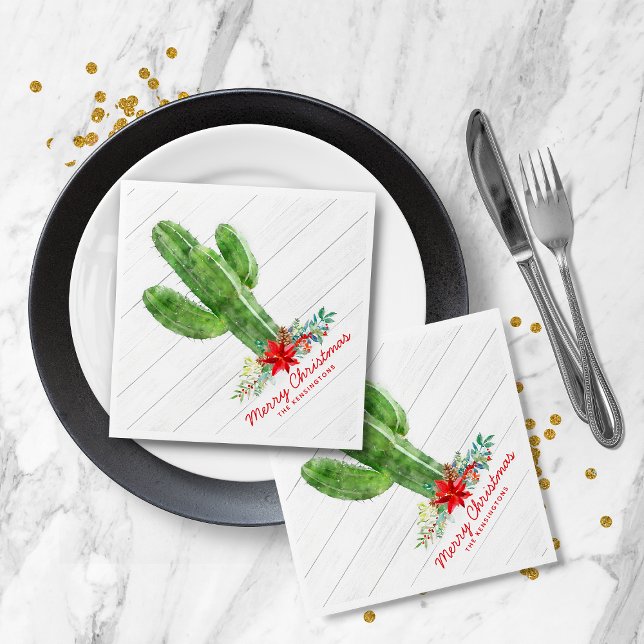 Rustic Christmas Cactus Wood Holiday Floral Napkin (Rustic Christmas Cactus Wood Holiday Floral Napkins)