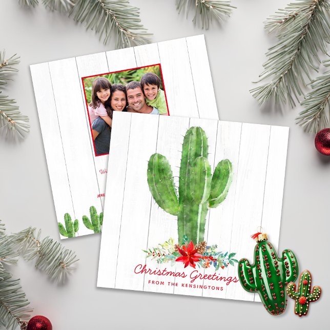 Rustic Christmas Cactus Wood Holiday Photo Invitation (Rustic Christmas Cactus Wood Holiday Photo Christmas Card)