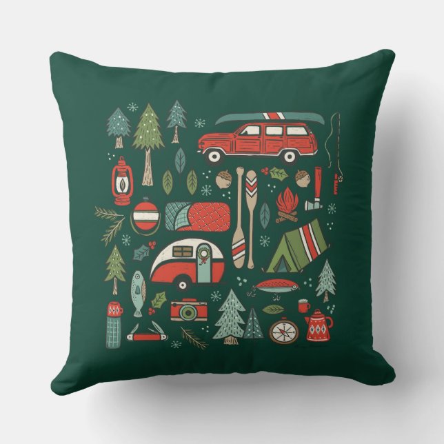 Rustic Christmas Camping and Fishing Throw Pillow (Back)