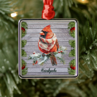 Rustic Christmas Cardinal Add Your Name Metal Ornament