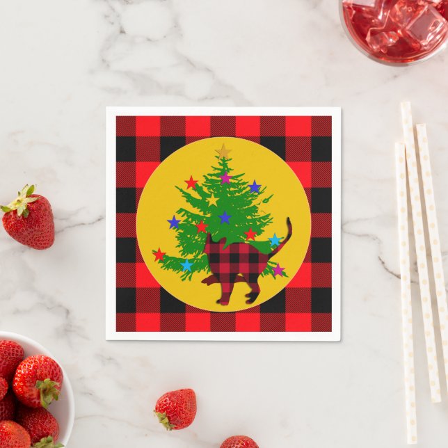 Rustic Christmas Cat, Tree and Red Buffalo plaid Napkin (Insitu)