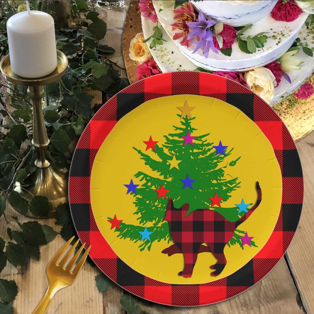 Rustic Christmas Cat, Tree and Red Buffalo plaid Paper Plate (Creator Uploaded)